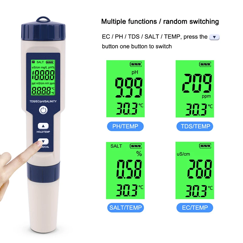 Probador de calidad del agua 5 en 1, medidor Digital TDS/EC/PH/salinidad/temperatura para piscinas, acuarios, Detector de calidad del agua