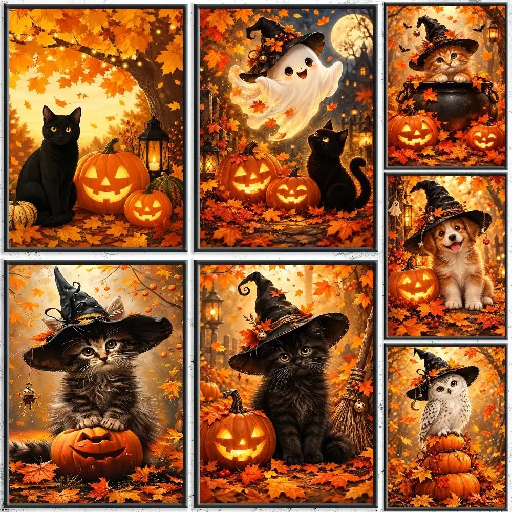 Cute Wizard Animal Fall Halloween Painting Calligraphy HD Canvas Poster Crease Free Waterproof All Space Wall Decor