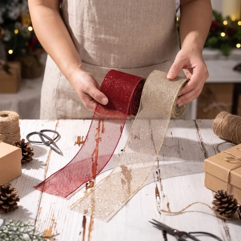 2.5in Wide Christmas Tree Mesh Ribbon Wavy Binding Fish Tail Burlap Christmas Tree Decorations DIY 1Roll 179.13in Wreath Ribbon