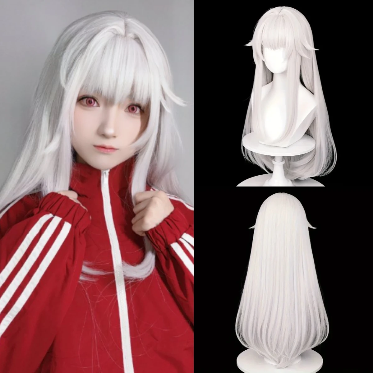 Synthetic Hair Wigs With Bangs Long Straight White Anime Game Cosplay Hair Heat Resistant Wig For Women Party Daily