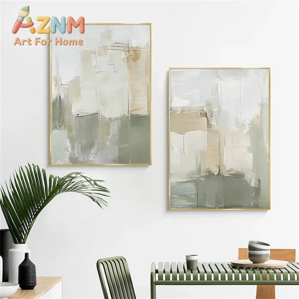 AZNM Neutral Sage Green Abstract Canvas Wall Art Thick Texture Brush Stroke Modern Boho Home Print Poster Decor