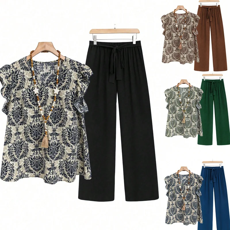 

2026 Loose Ruffle Sleeve Printed T-Shirt Solid Color Belt Long Pants Set for Women