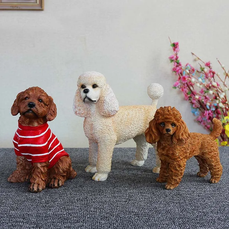 Resin Teddy Figurine Simulation Ornament Creative Gift For Living Room Poodle Pet Dog Model Hand-Painted