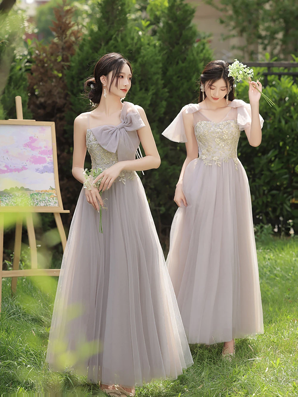 

Bridesmaid Dresses Women 2024 New Grey Tulle Long Wedding Banquet Sisters Group Dresses Temperament Lady Formal Evening Dress