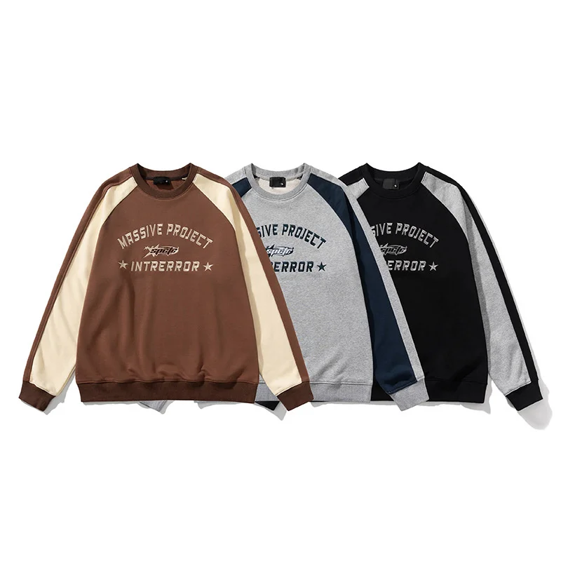 2023 Men's Raglan Sleeve Round Neck Sweater Spring and Autumn Retro Street Embroidery Sweatshirt Couple Loose Long Sleeves