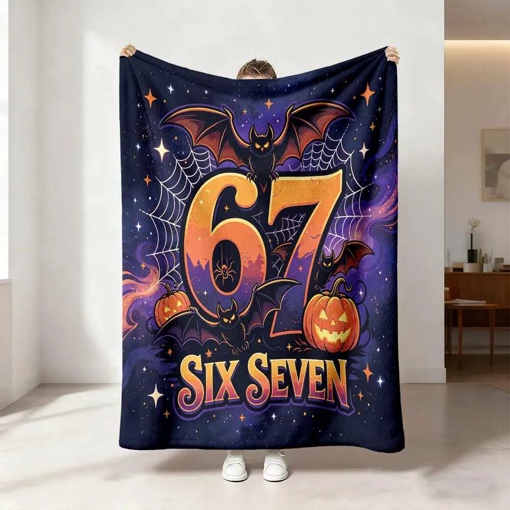 1pc Halloween Number 67 Bat Pumpkin Spider Web Flannel Blanket Soft Cozy Sofa Nap Throw Blanket Holiday Festival Home Decor G