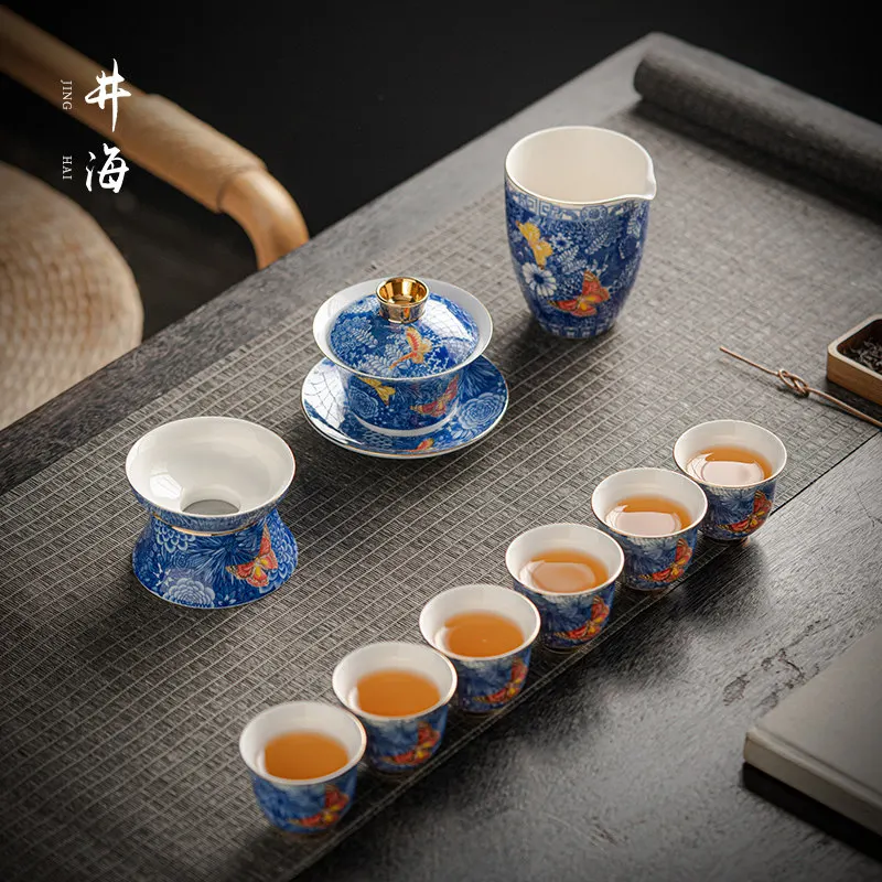 

CX ceramic kung fu tea set, underglaze color butterfly love flower blue and white bucket color cover bowl