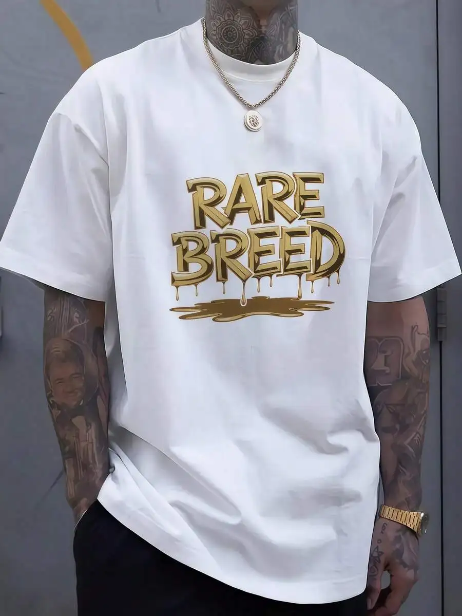 1pc Mens Clothes Gold Text Graphic Print White TShirt, Unisex Casual Crew Neck Tshirt, Plus Size Men's Clothing 5XL, Lightweight