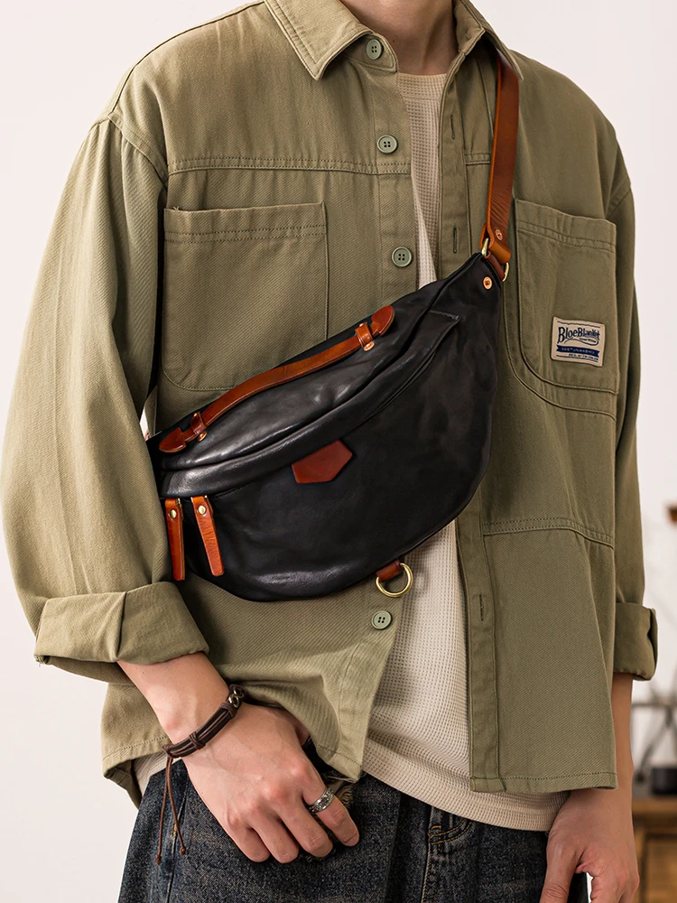 PNDME designers handmade genuine leather men's black chest bag outdoor daily party luxury cow leather sports crossbody bag