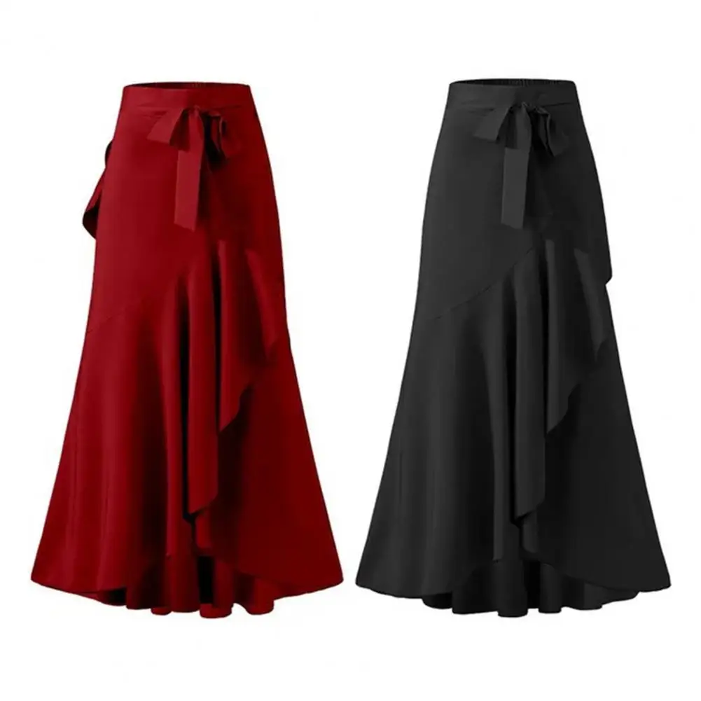 Maxi Skirt High Waist Women Long Skirt Elegant Lace-up Ruffle Maxi Skirt with Plaid Print Bow Tie Detail High Waist for Women