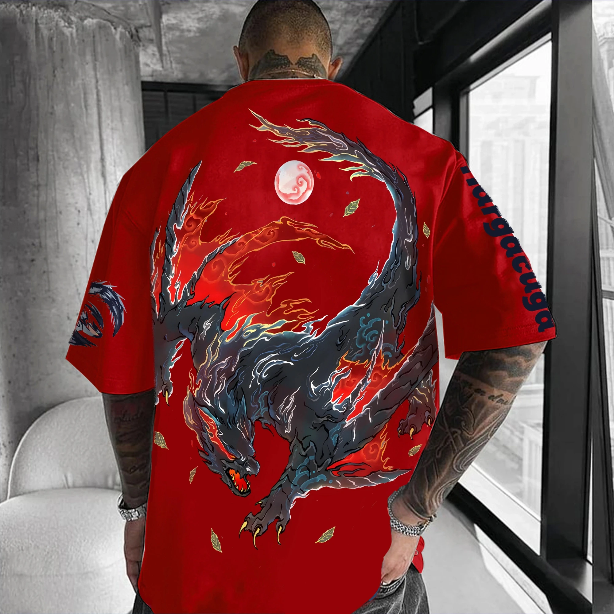 Sommer 2026 Pokemon T-Shirt aus reiner Baumwolle, dunkle Flamme, Kreatur, Rückendruck, roter Mond, schwarzes Design, für Männer und Frauen, lässige, lockere Passform