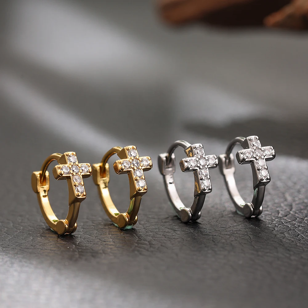 New Trendy CZ Zircon Cross Huggie Hoop Earrings for Women Mini Tiny Circle Hoops Cartilage Ear Buckle Piercing Jewelry