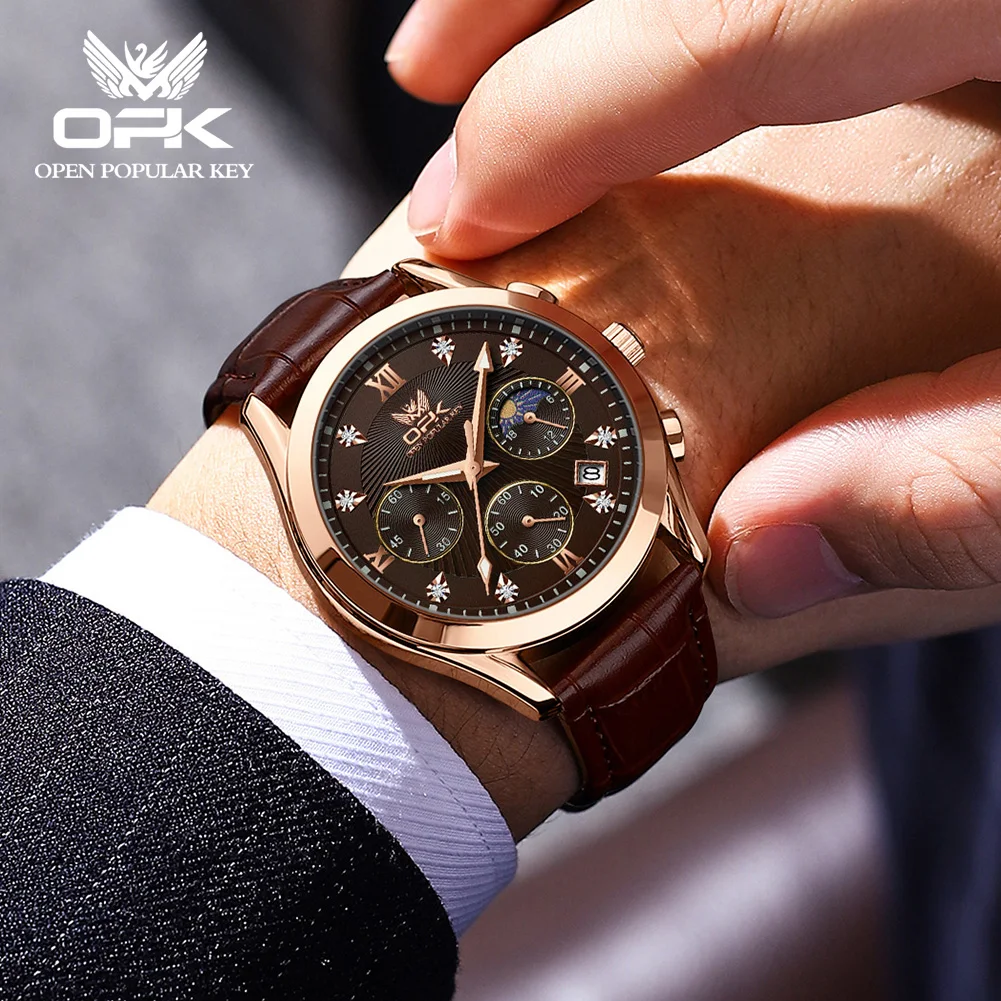 OPK 브랜드 남성용 가죽 벨트 야광 쿼츠 시계 남성용 8162