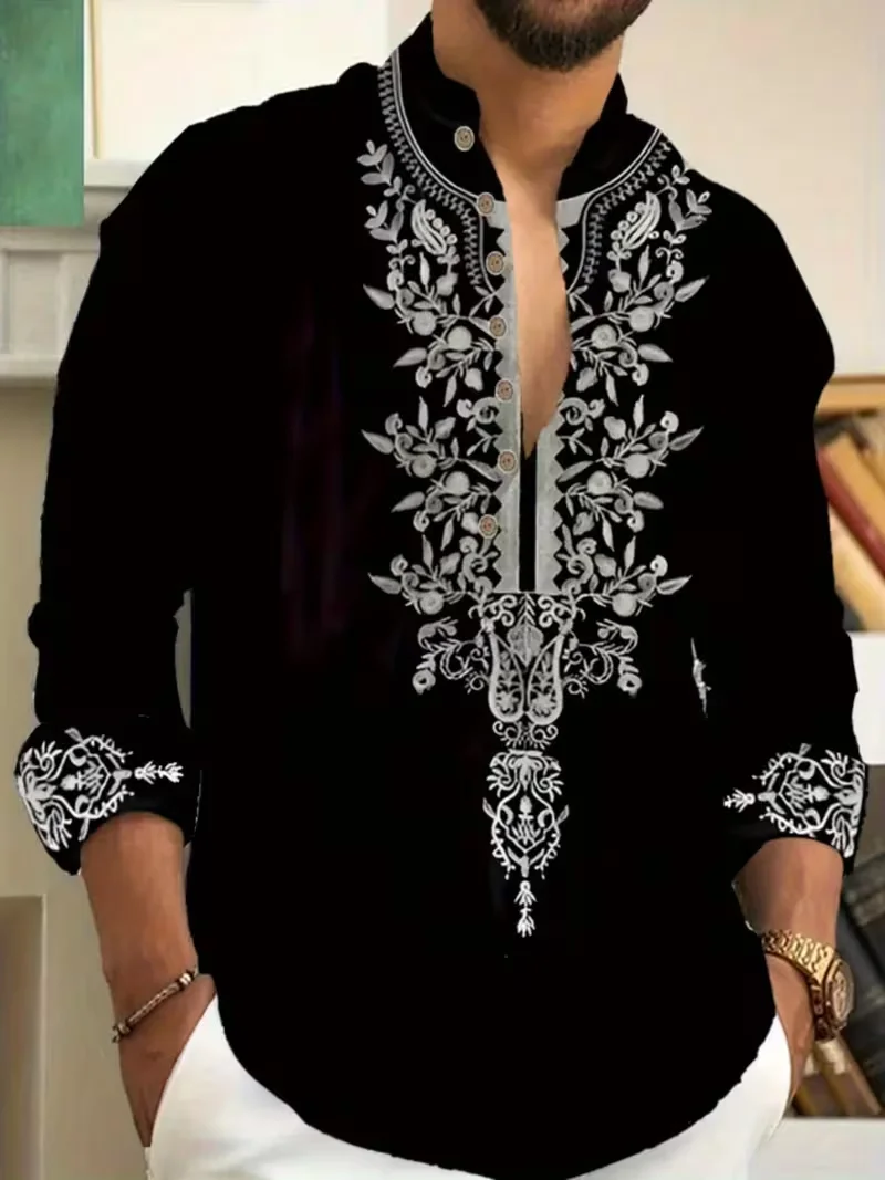 New men's casual Henry collar linen shirt with ethnic flower print men's shirt high-quality top suitable for daily tops