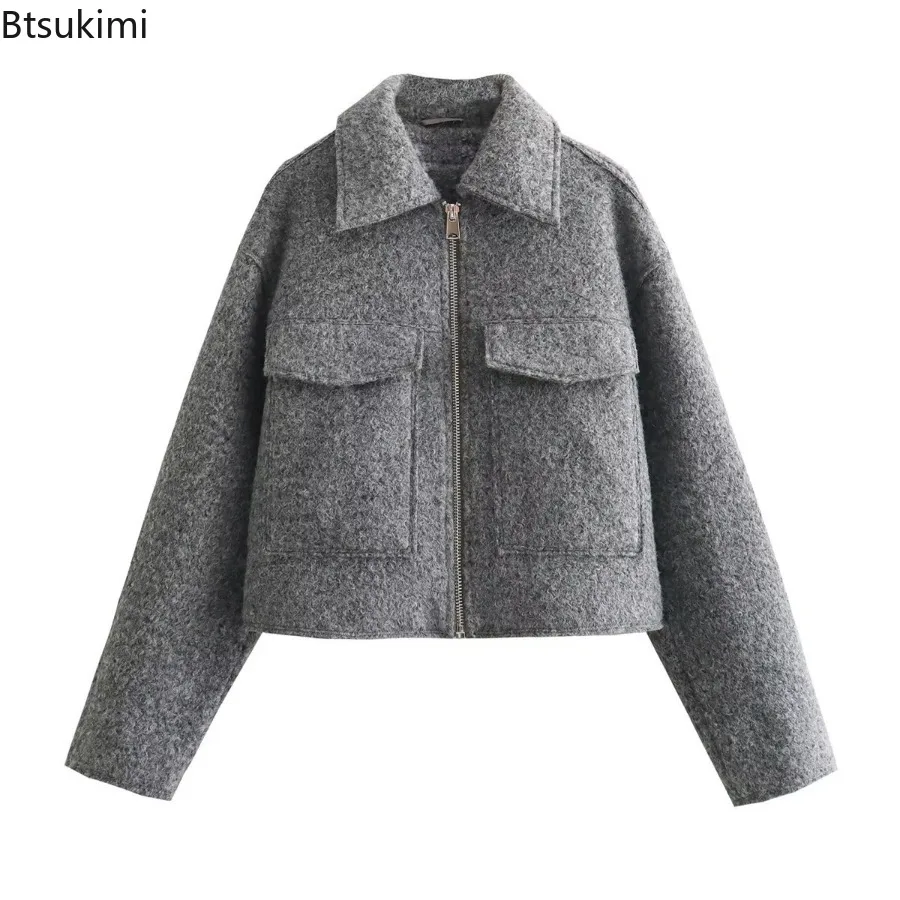 

New 2025 Autumn Woman Casual Gray Loose Woolen Jacket Female Fashion Solid Turn Down Collar Short Jackets Warm Zipper Outwear