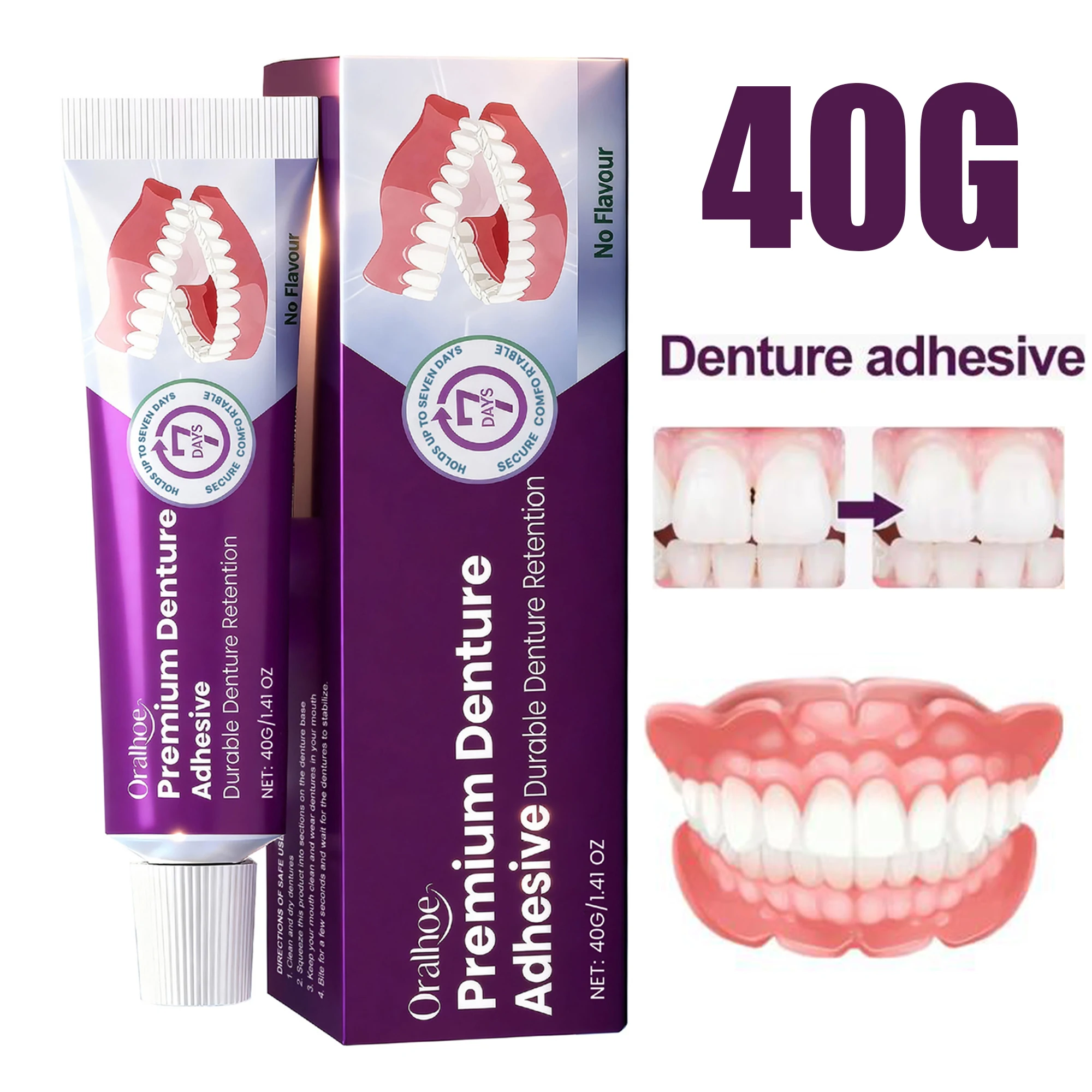 Adhésif pour prothèses dentaires 40g Comfort, colle pour soins dentaires, kit de rebasage en silicone thermoplastique, coussin adhésif pour fixation par friction des prothèses