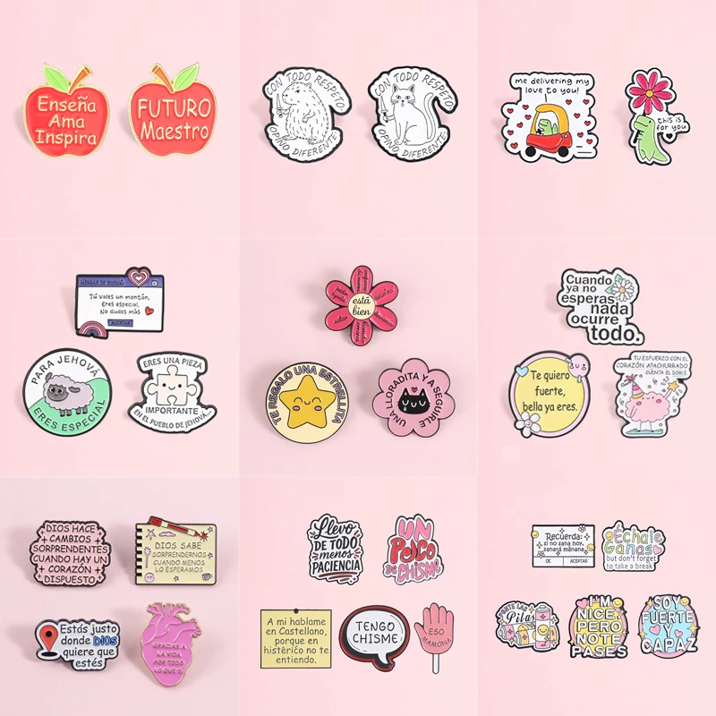 2-6pcs/set Funny Spanish Quotes Series Enamel Pins Mushroom Cat Flower Flork Lamb Jesus Brooches Lapel Badges Jewelry Gifts