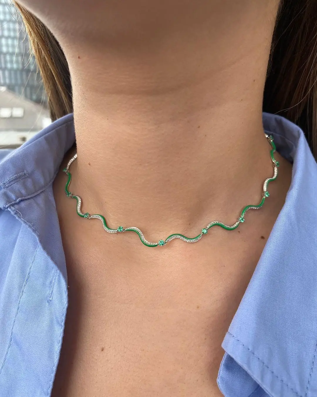 New Colorful Enamel Water Wave Tennis Necklaces for Women Paved Bling Cubic Zirconia Gold Color Chocker Party Fashion Jewelry