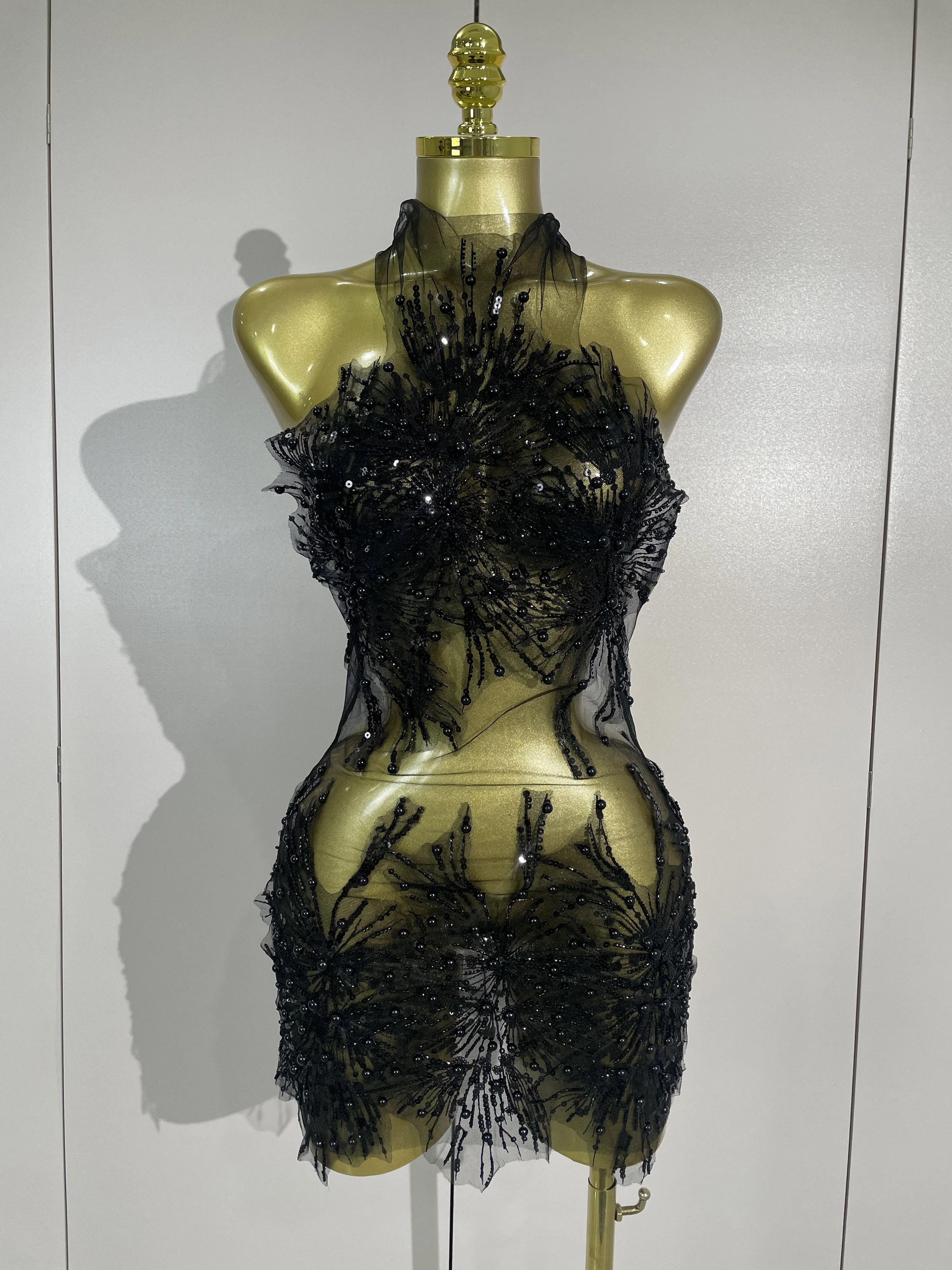 NEUES Sexy Mesh-Kleid für Damen mit Perlen und Spitze, Durchsichtiges Party-Minikleid für Geburtstage, Fotoshootings, Bühnenauftritte und Kostüme