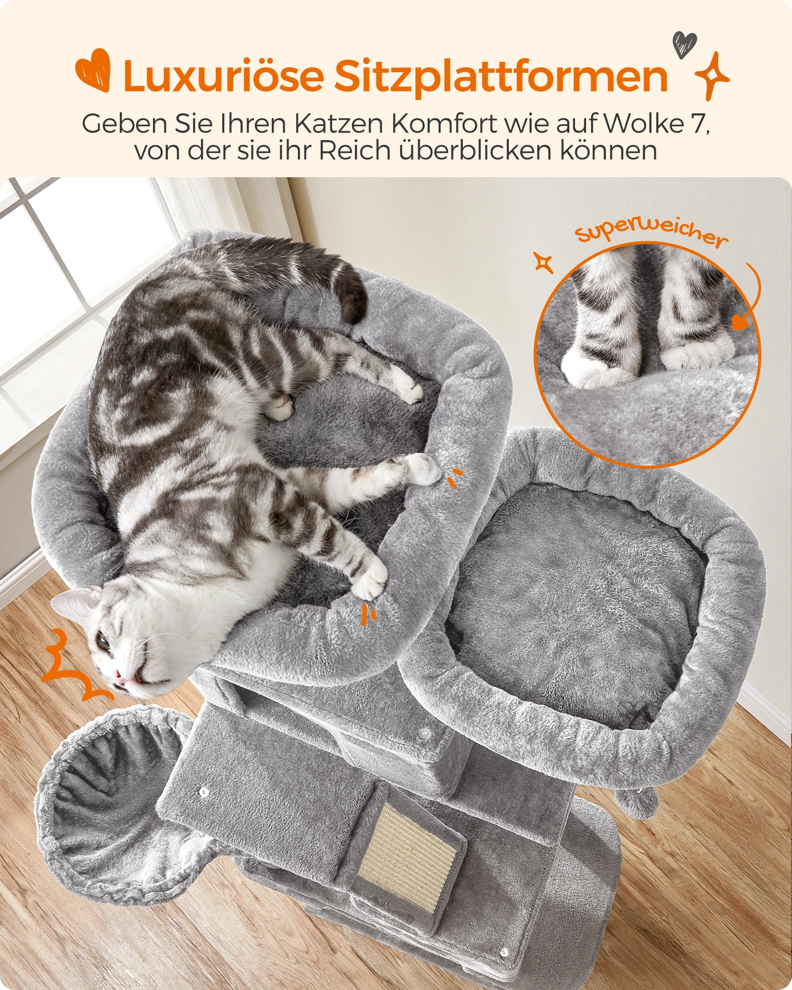 شجرة قطة كبيرة مع أعمدة للخدش ، أرجوحة مع كرات قطيفة ، أرجوحة مع 13 عمود خدش ، منصتان ، كهفتان ، عالية ، XXL #5