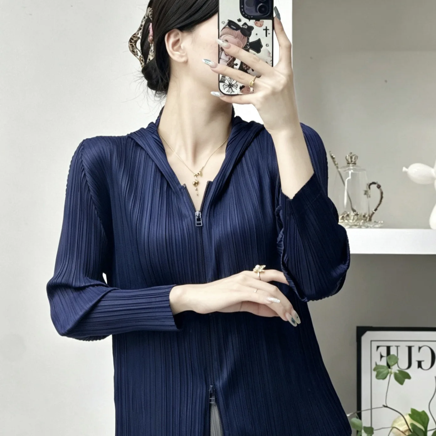 Miyake Women Pleated Hooded Jacket, Double Zipper Long Sleeve Vertical Rib Pleated Cardigan, Casual Solid Pleated Coat