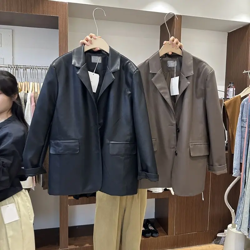 Korean Fashion 2025 Autumn New Coat Loose and Versatile Flip Collar Medium To Long PU Leather Suit Jacket Female Clothing