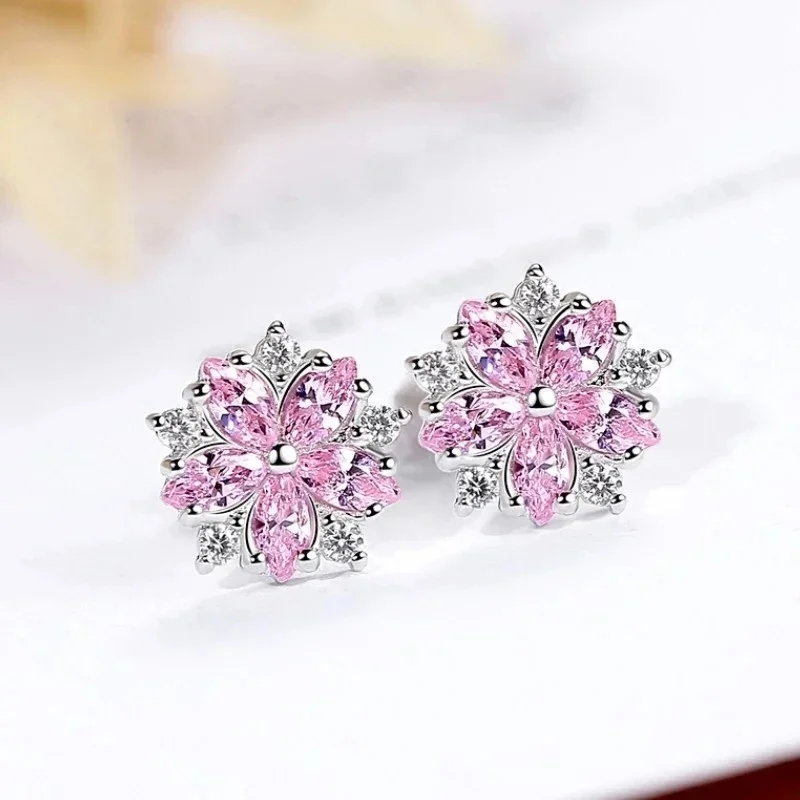 2026 Hot-Seller Pink Flower Stud Earrings Halo Clear Crystal Floral Snowflake Ear Studs For Women Elegant Wedding Daily Jewelry