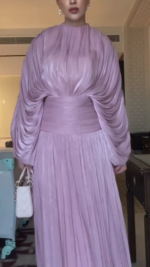 Xijun Luxury Pink Evening Dresses Pleated A-Line O-Neck Dubai Prom Dresses Modest Long Sleeves Maxi Prom Gowns 2026 Customized image 4