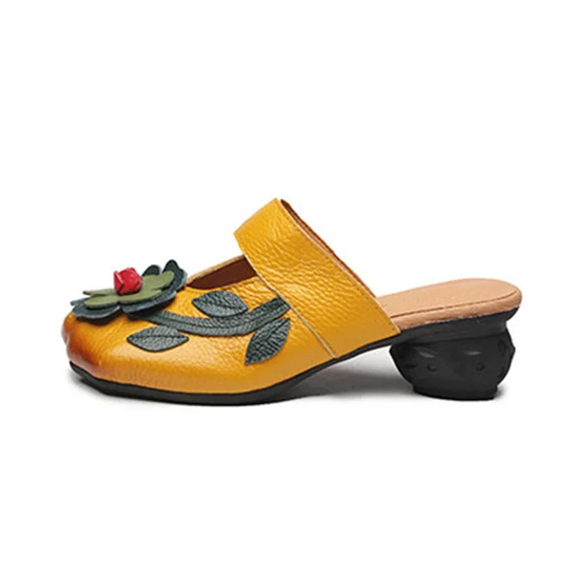 BEYARNE Flower Slippers Genuine Leather Shoes Handmade Slides Flip Flop On The Platform Clogs For Women Woman SlippersPlus Size