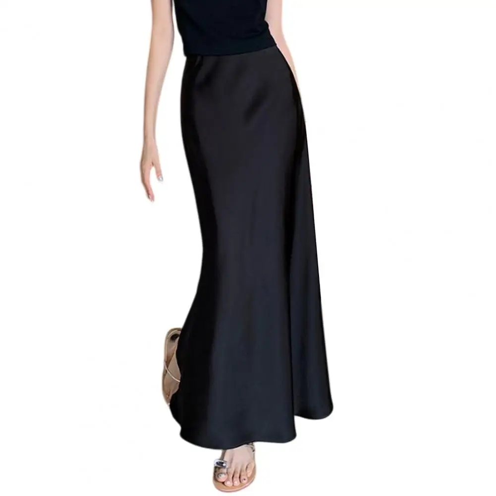 Maxi Skirt High Waist Smooth Satin Fishtail Hem High Waist Commuting Style Slimming Skirt Work Leisure Daily Wear