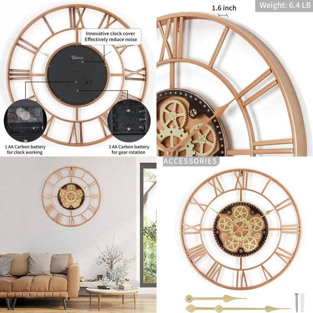 

24 Large Gear Wall Clock - Steampunk Style, Oversized Metal Analog for Living Room, Battery-Powered Farmhouse Decor