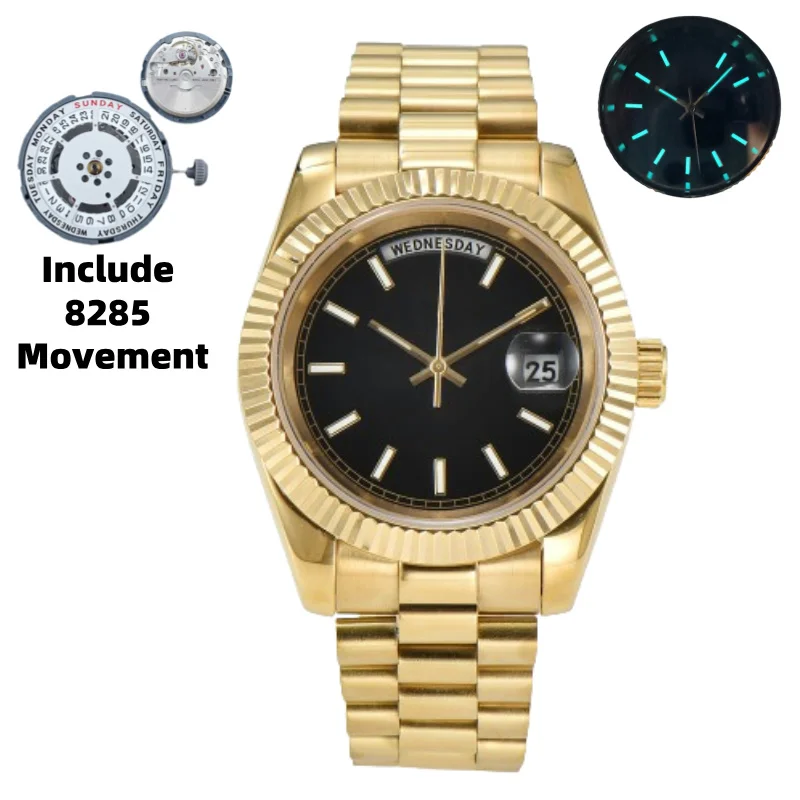 39mm Gold Men\'s Dual Calendar Watch 10BAR Waterproof 316L Stainless Steel Sapphire Glass Fit Miyota 8285 Movement Custom LOGO