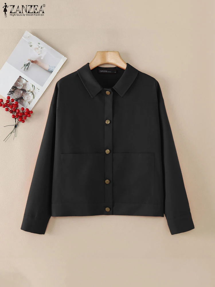 ZANZEA 2025 Stylish Lapel Neck Long Sleeve Outwear Women Autumn Jackets Solid Loose Thin Coats Chaqueta Casual Loose Cargo Tops