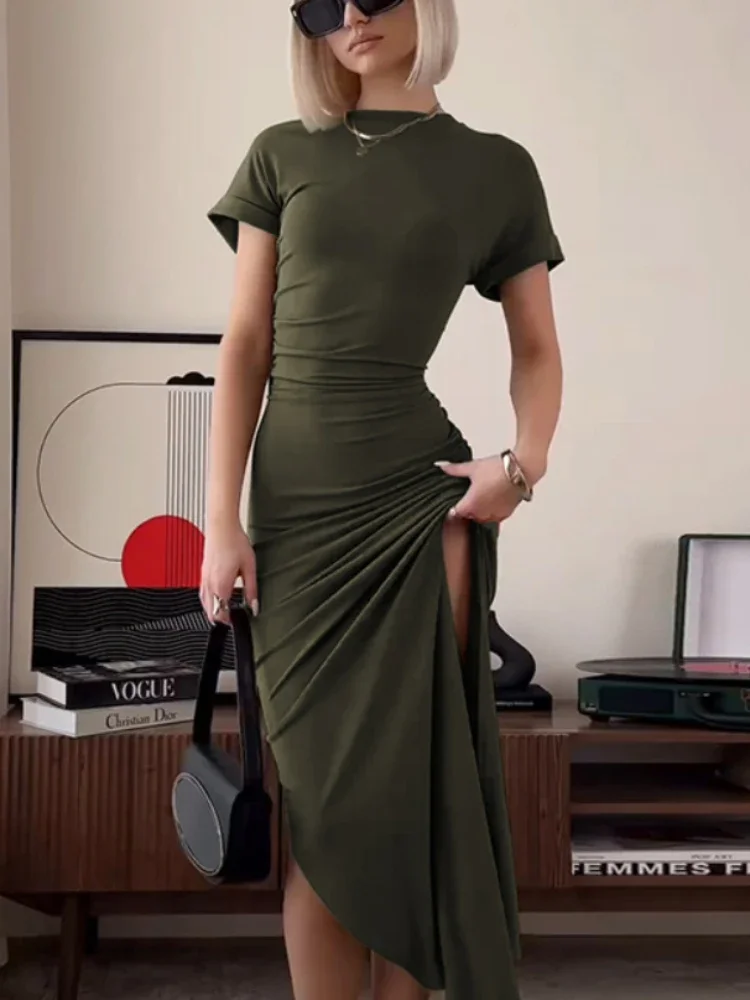 

Women's Elegant O Neck Maxi Dress Short Sleeve Slim High Waist Shirring Dress Sexy Side Slit Evening Club Bodycon Dress Lady