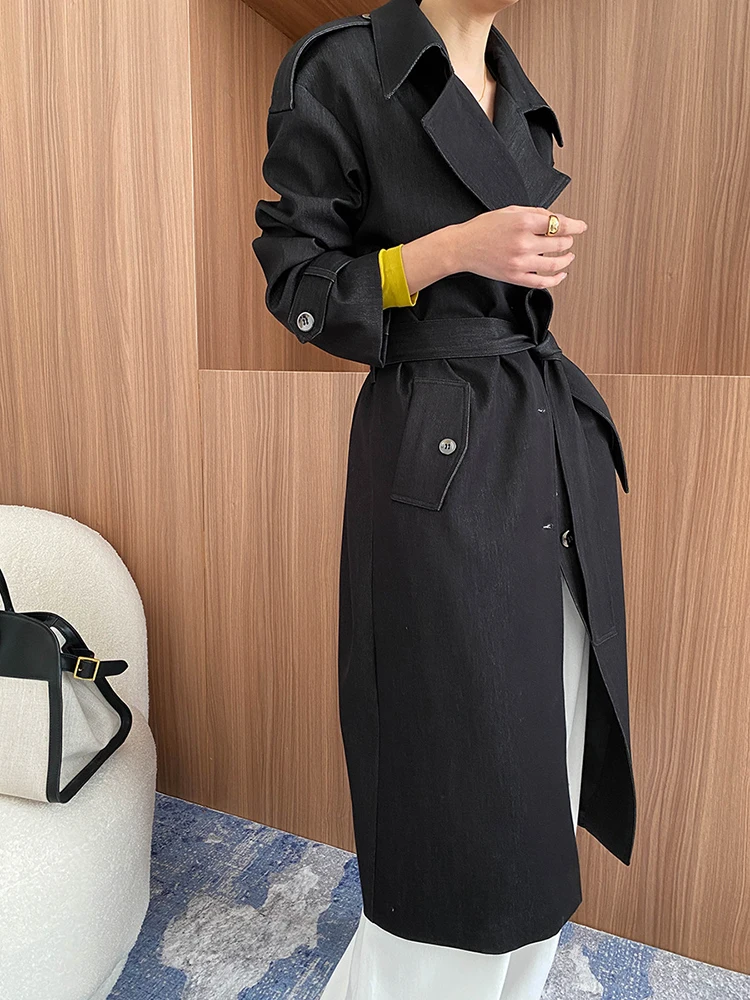 LANMREM Elegant Women's Black Trench Coat Lapel Belt Office Lady Patchwork Design Windbreaker 2025 Fashion Clothing 2DC1321