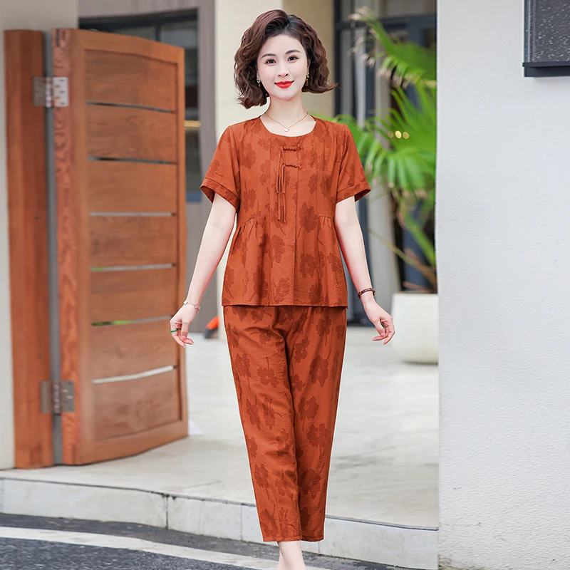 ผู้หญิงเสื้อ + กางเกงชุดพิมพ์เสื้อผ้าผู้หญิงฤดูร้อนยายวัยกลางคนเครื่องแต่งกาย 2 ชิ้นชุด