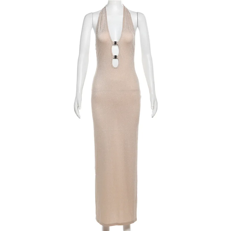 ホルターシャイニーマキシドレス レディース トレンド エレガント バンドゥ バックレス カットアウト ローネック ノースリーブ ボディコン 女性 ハイストリート ローブ