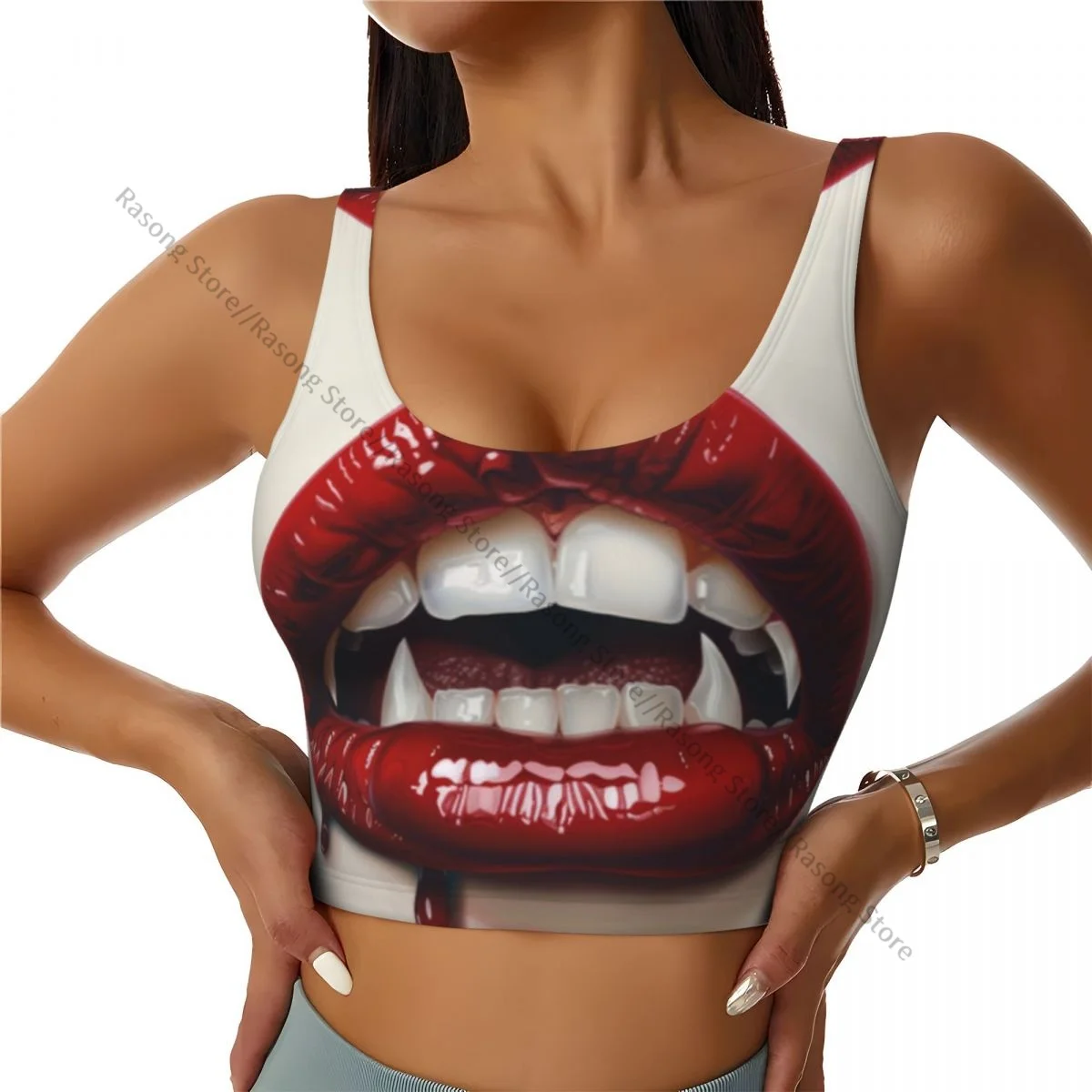 Yoga Vest Women Gym Sports Crop Tops Sexy Red Lips Female Mouth With Glossy Lips Streetwear Workout Breathable Tank Top Female