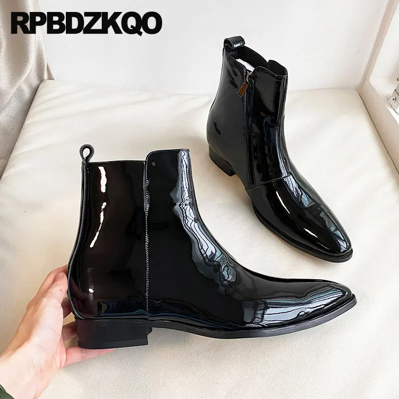 Mens Black Patent Leather Boots Booties Genuine Zipper Pointed Toe Shoes Formal Business Fall Full Grain Plus Size Dress Party