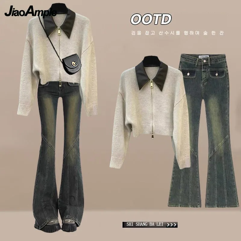 Calça jeans cardigã de malha feminina, suéter de gola polo, jeans fino, conjunto combinado, zíper coreano elegante, outono, inverno, novo, 2 peças