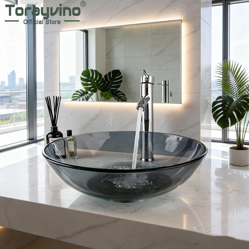 Torayvino-Juego de grifería para lavabo de baño, cuenco redondo gris, grifos para recipiente de vidrio templado transparente, mezclador de fregadero, grifo de agua con drenaje para cachorros