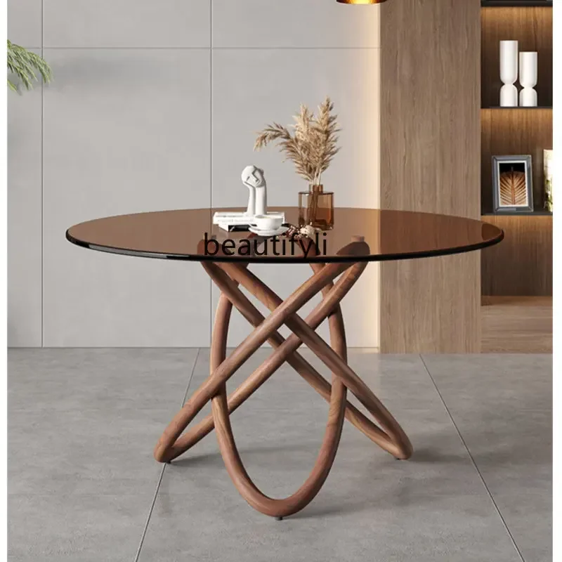 

yj Modern Minimalist Tempered Glass Dining Table Solid Wood Round TableA