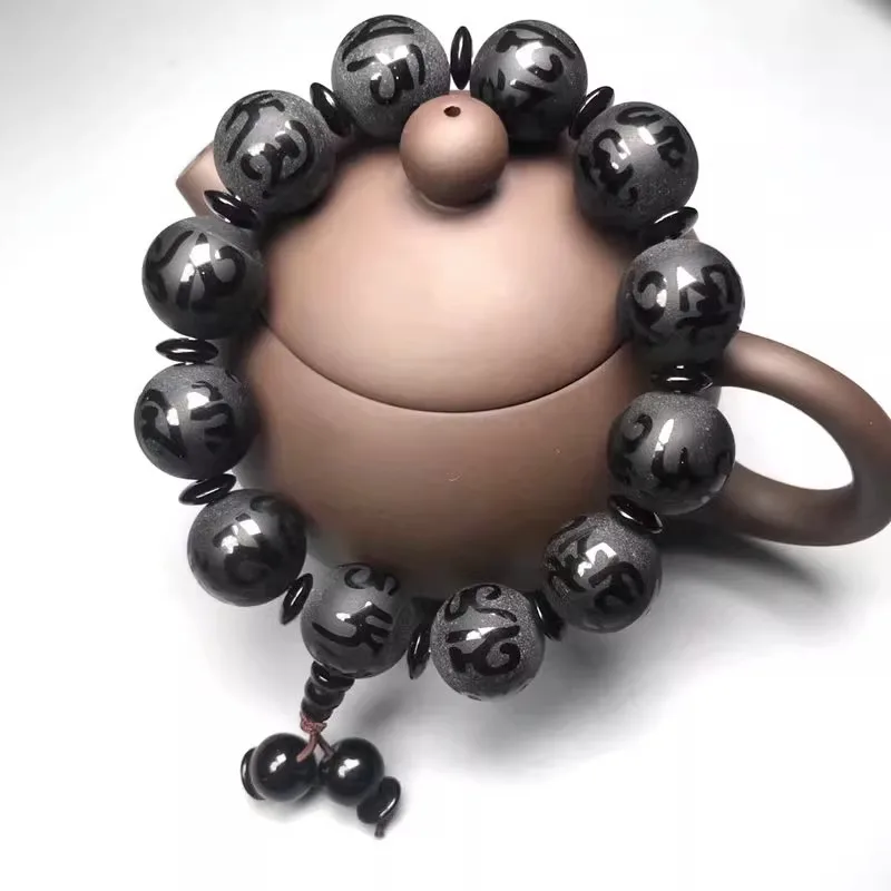 

Matte Black Agate Six-Word Mantra Buddhist Fortune Bracelet Round Beads Jewelry