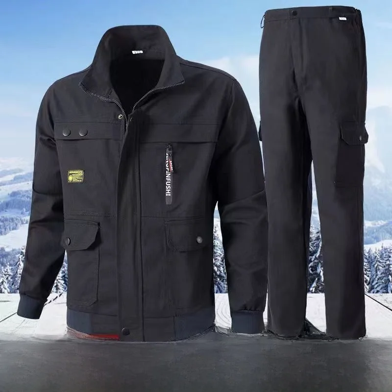 طقم ملابس عمل من القطن الخالص للرجال، مقاوم للحرارة ومضاد للتآكل، مناسب للحام والبناء والورش، للربيع والخريف