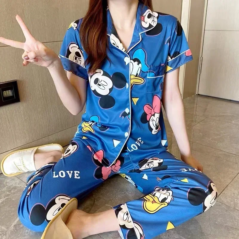 Disney Mickey Mouse autumn new cotton short-sleeved trousers two-piece set women's pajamas silk pajamas women's loungewear set