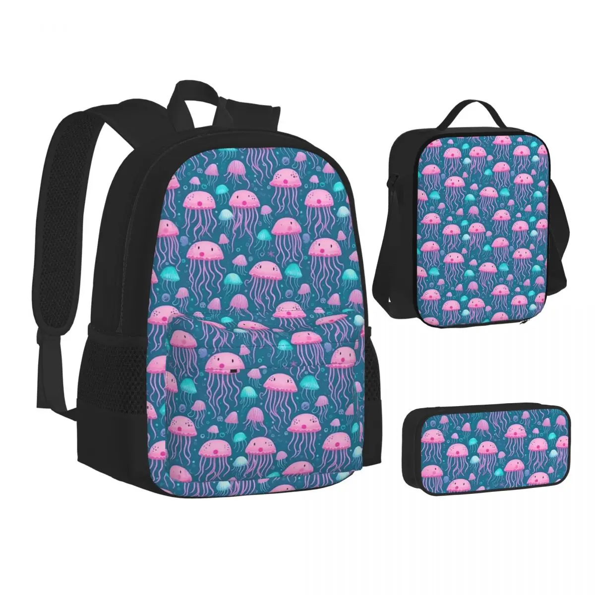 

Jellyfish Pattern Elegant Marine Life Design Backpacks Bookbag School Bags Children Rucksack Lunch Bag Pen Bag Three-Piece Set