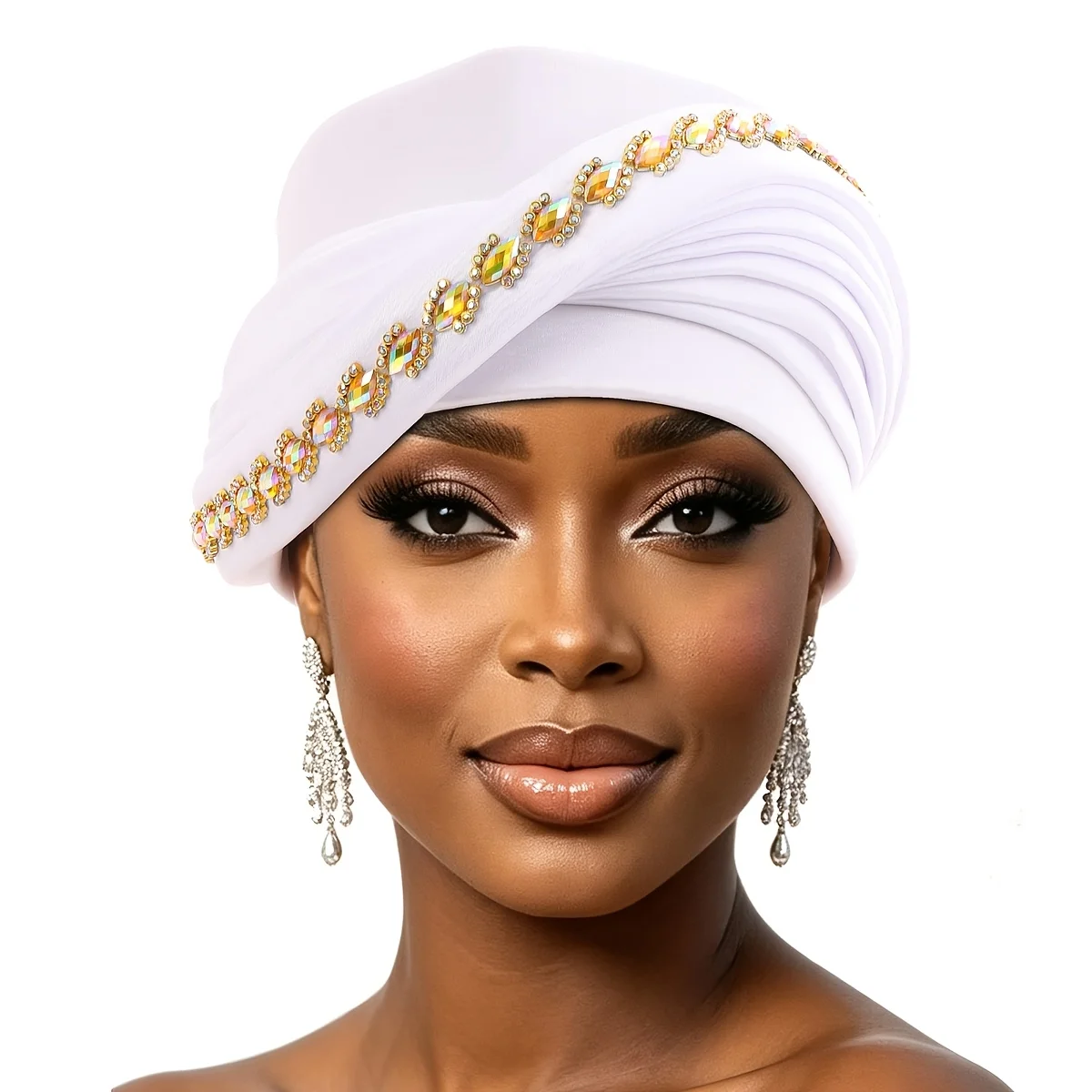 New Style, Luxurious, Elegant, Three-Dimensional Pleated Layered Turban Hat with a Circle of Sparkling Rhinestones, Perfect for Weddings, Dinner Parties, June Festivals, Valentine's Day, and Other Occasions