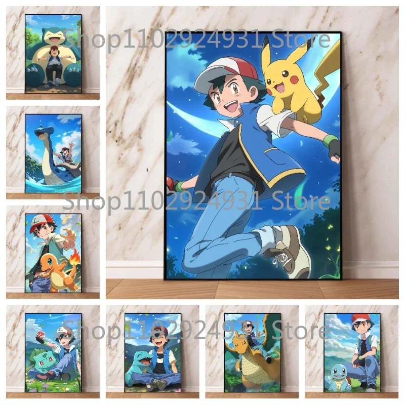 Anime Pokemon Canvas Painting Ash Ketchum Pikachu Bulbasaur Squirtle Poster Print Watercolor Wall Art Picture Home Decor Gift