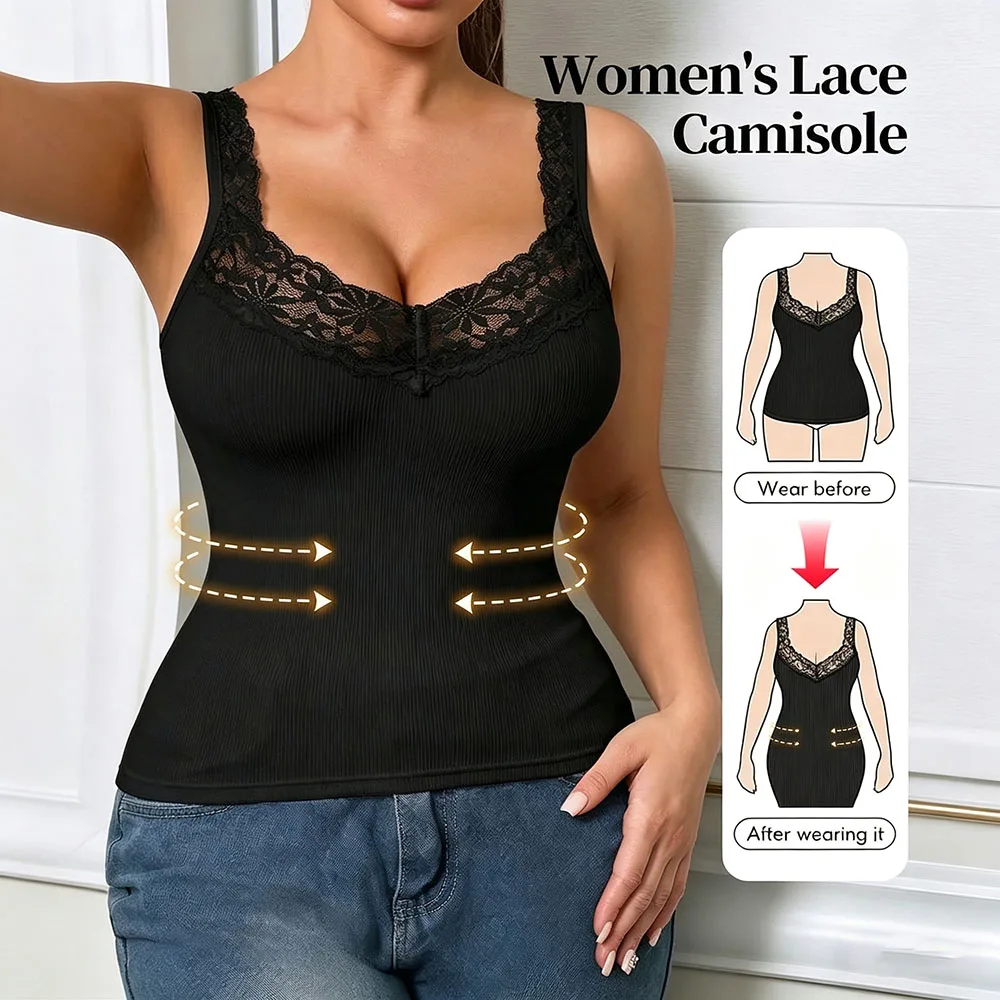 Summer Women's Lace Neckline Seamless Tank Top Slim Fit Knit Camisole Ribbed Basic Tank Tops Sleeveless Streetwear Girls Vest