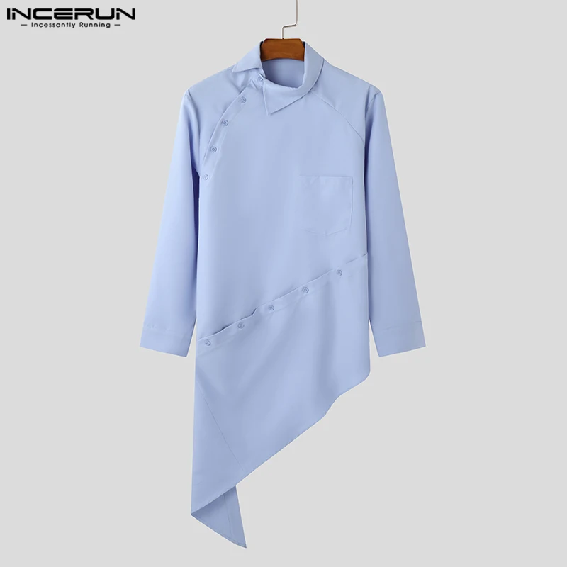 INCERUN Effen kleur shirts heren lange mouwen schuine sluiting blouses reverskraag knappe eenvoudige woon-werkverkeer blusas